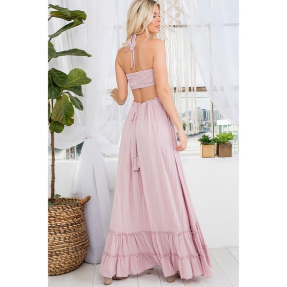 Dresses & Skirts - SOLD OUT Bohemian Mauve Smocked Halter Open Back Tiered Ruffle Skirt Maxi Dress